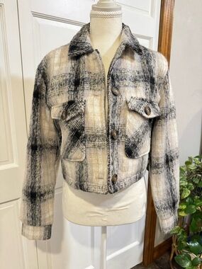 Ambiance Cream and Black Plaid Cropped Shacket